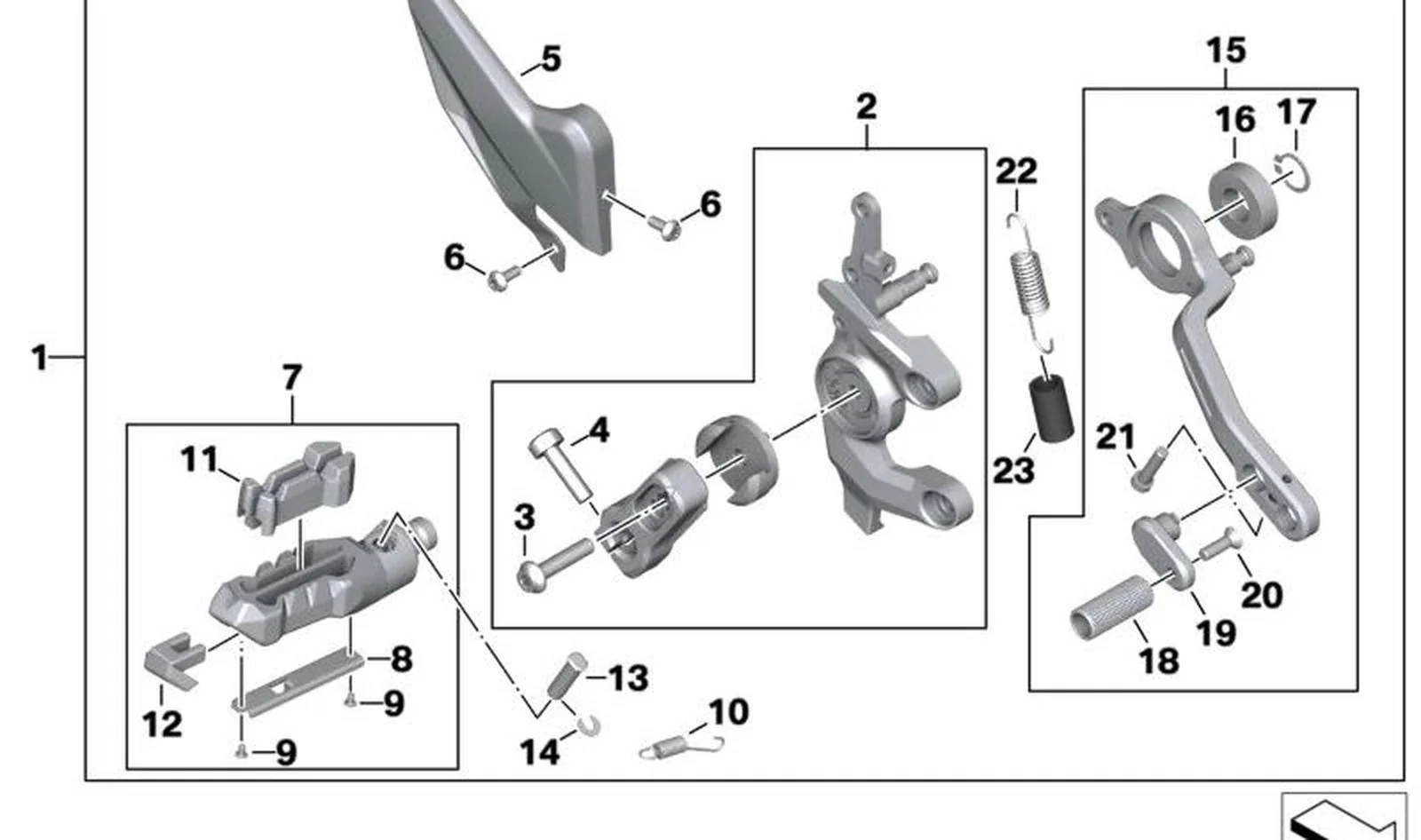 Almohadilla de roce reposapiés derecho OEM 77259445014 para motos BMW S 1000 XR, M 1000 XR. Original BMW Motorrad.