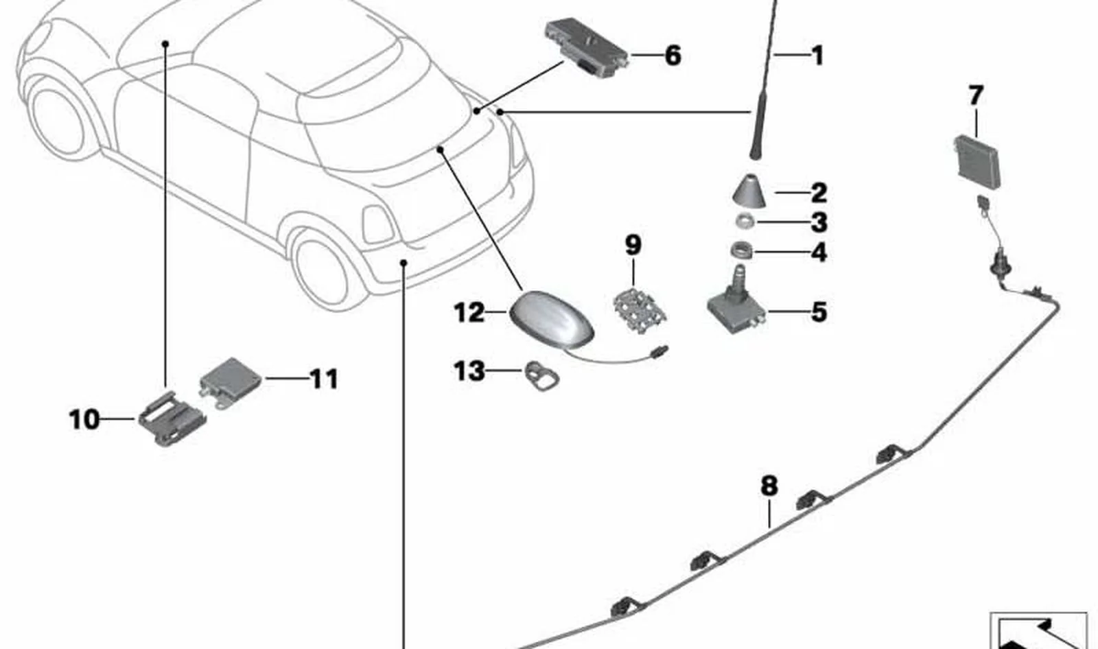 Amplificador de antena de varilla OEM 65203456397 para MINI Coupé R58, Roadster R59. Original MINI.