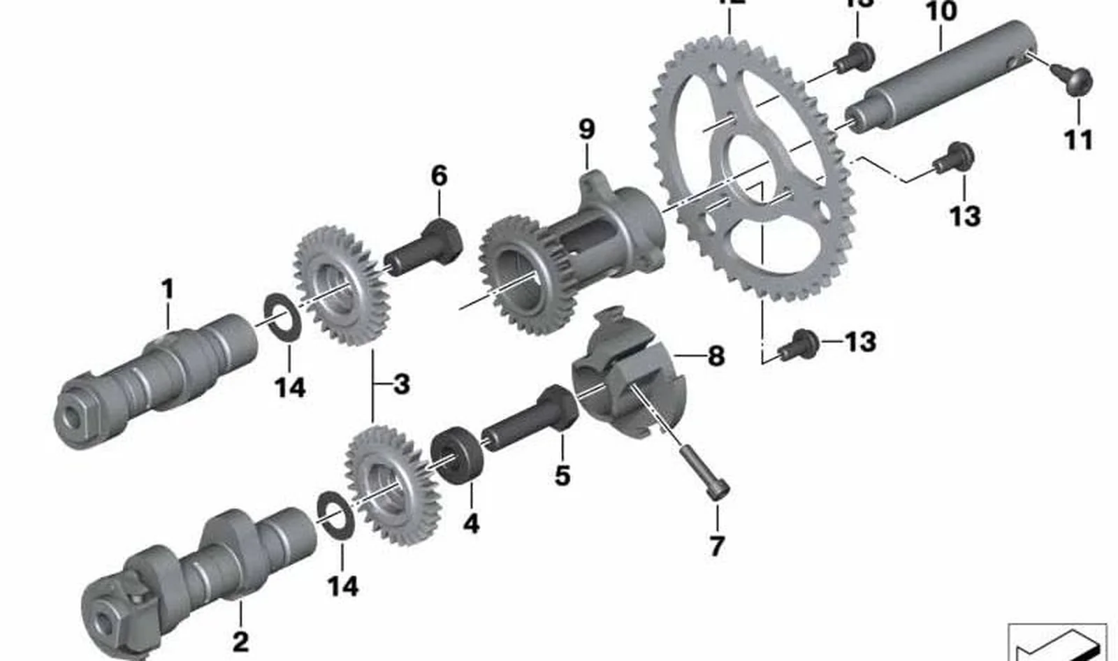 Árbol intermediario izquierdo OEM 11318544977 para motos BMW R1200GS, R1200GS Adv., R1200RT, R1200R, R1200RS. Original BMW Motorrad.