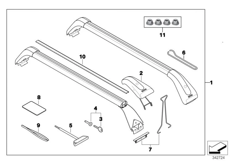 Barras portaequipajes de techo (base portadora) OEM 82712149225 para MINI R56, R56 LCI, Clubman R55, Clubman R55 LCI. Original MINI. - Image 37