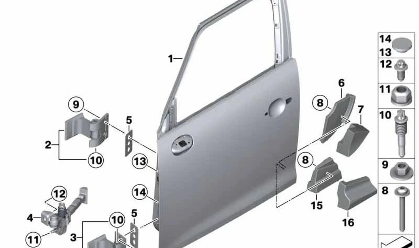 Bisagra puerta delantera inferior izquierda/superior derecha OEM 41517046055 para MINI Countryman R60, Paceman R61, BMW E87, E90... y más. Original BMW y MINI.