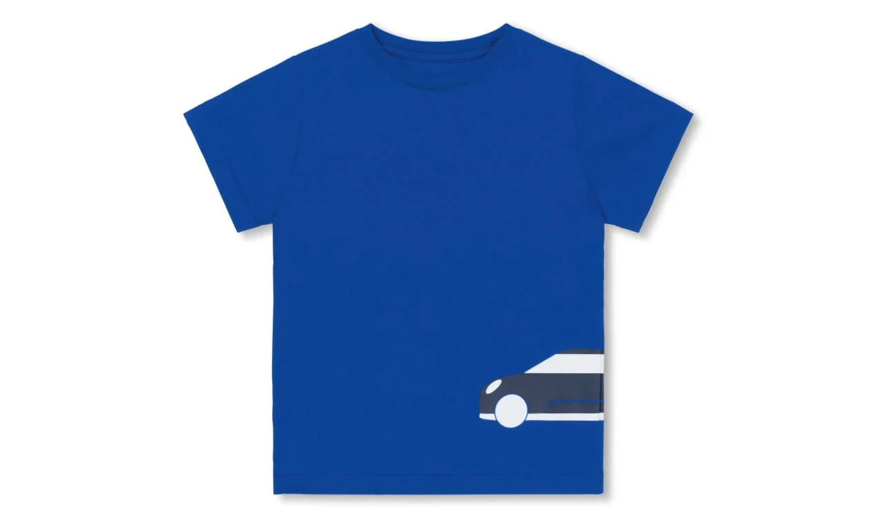 Camiseta infantil unisex Silueta Coche color azul/índigo talla 98 OEM 80145B32089 válido para MINI. Original MINI.