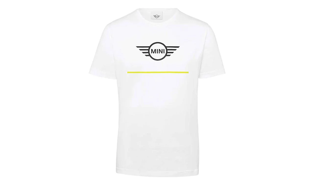 Camiseta MINI Wing Logo CI blanca y amarilla talla XL OEM 80145A0A570 válida para BMW. Original MINI.