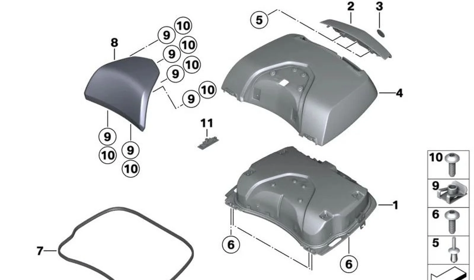 Carcasa exterior tapa de la Topcase Alpine-White OEM 77438555749 para motos BMW K1600GT, R1200RT, R1250RT... y más. Original BMW Motorrad.