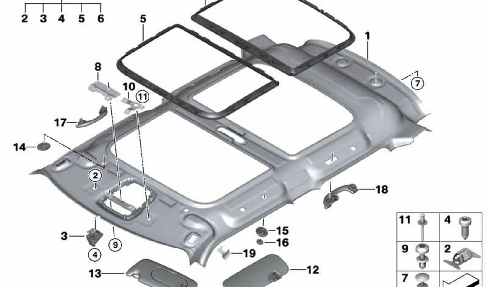Chapa de deformación interior de techo derecha OEM 51447388534 para MINI F55, F55 LCI, F65. Original MINI.
