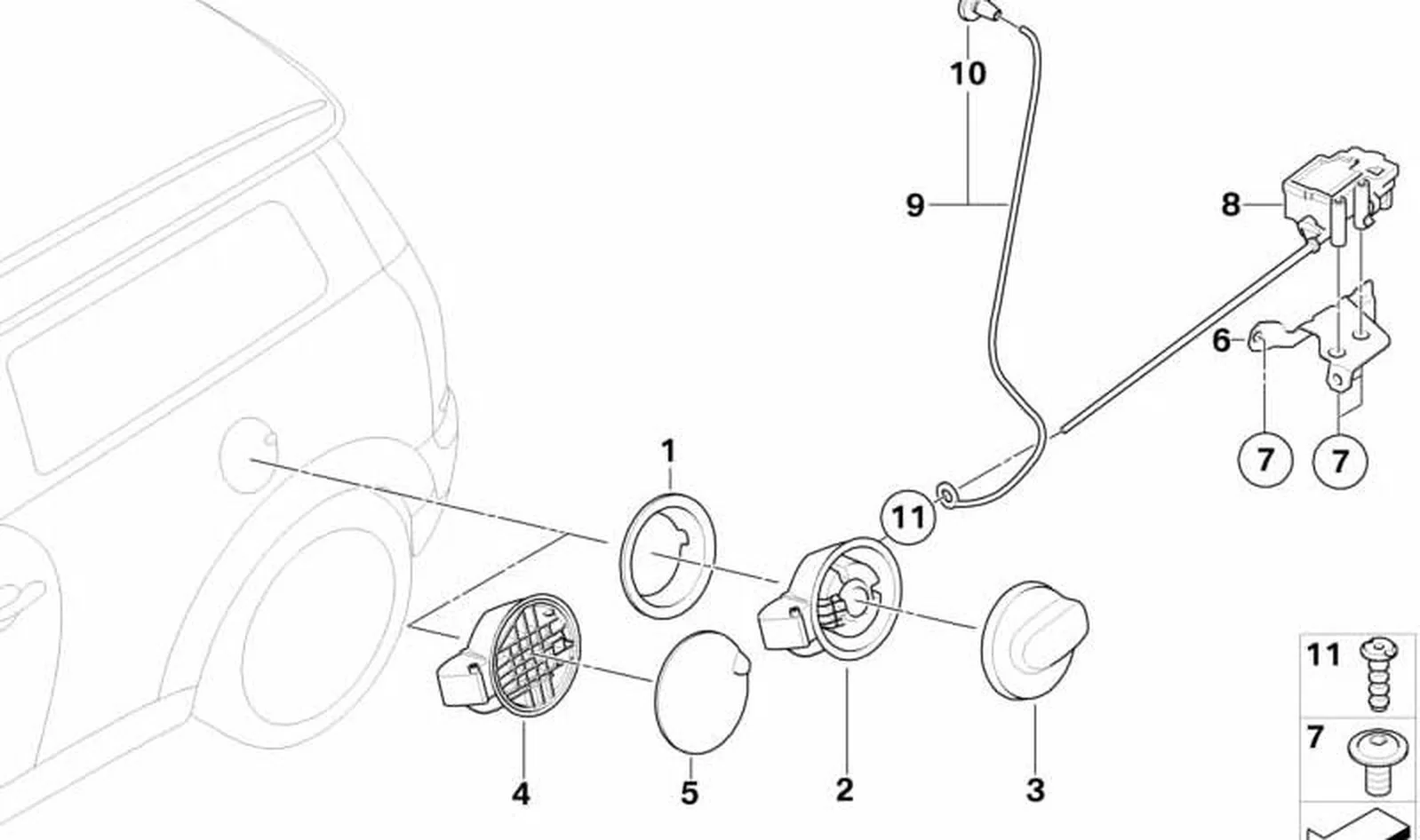 Cuba de cierre OEM 51177148886 para MINI R56, R56 LCI, Clubman R55, Clubman R55 LCI. Original MINI.