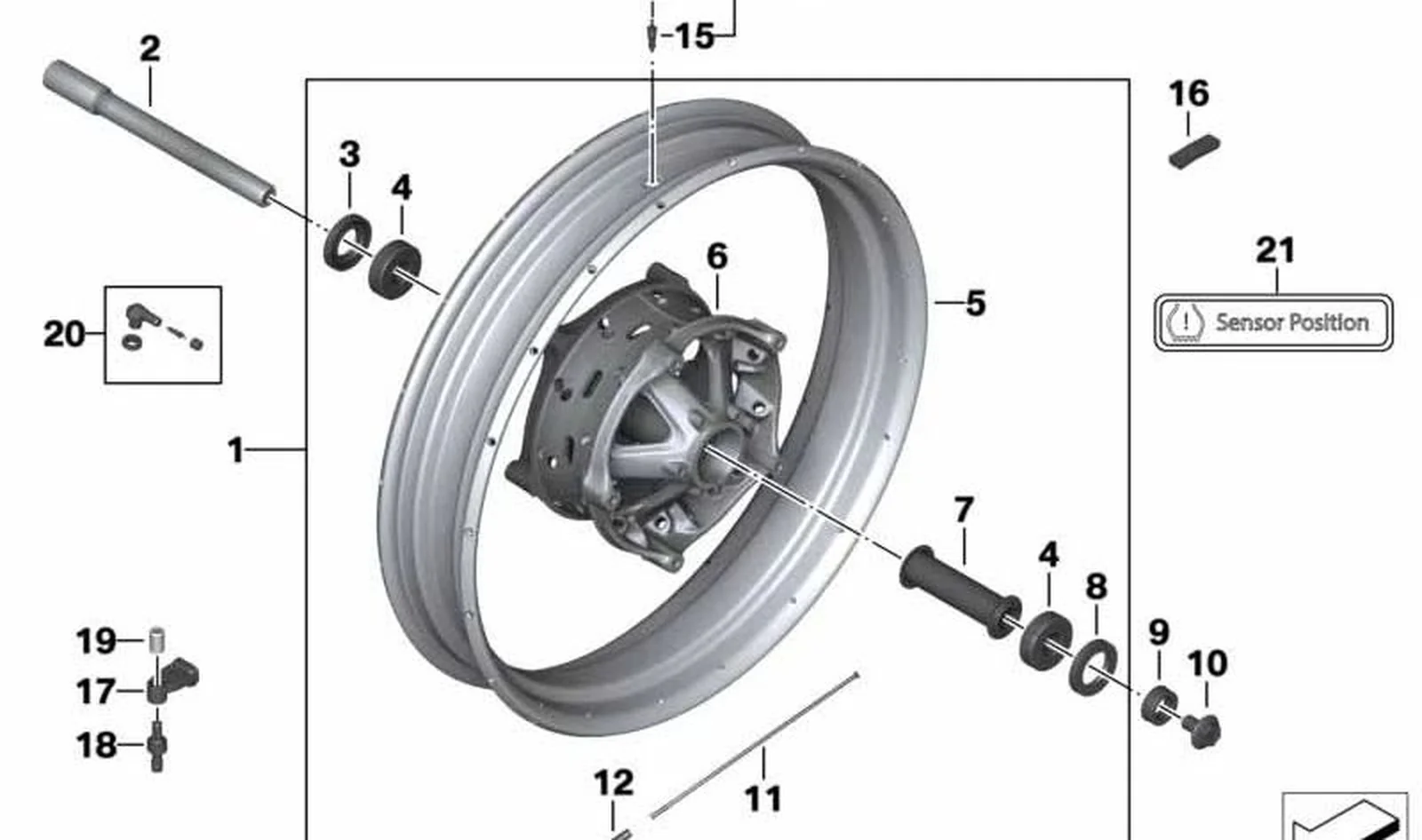 Cubo de rueda delantera plata OEM 36318526657 para motos BMW R1200GS (K50). Original BMW Motorrad.