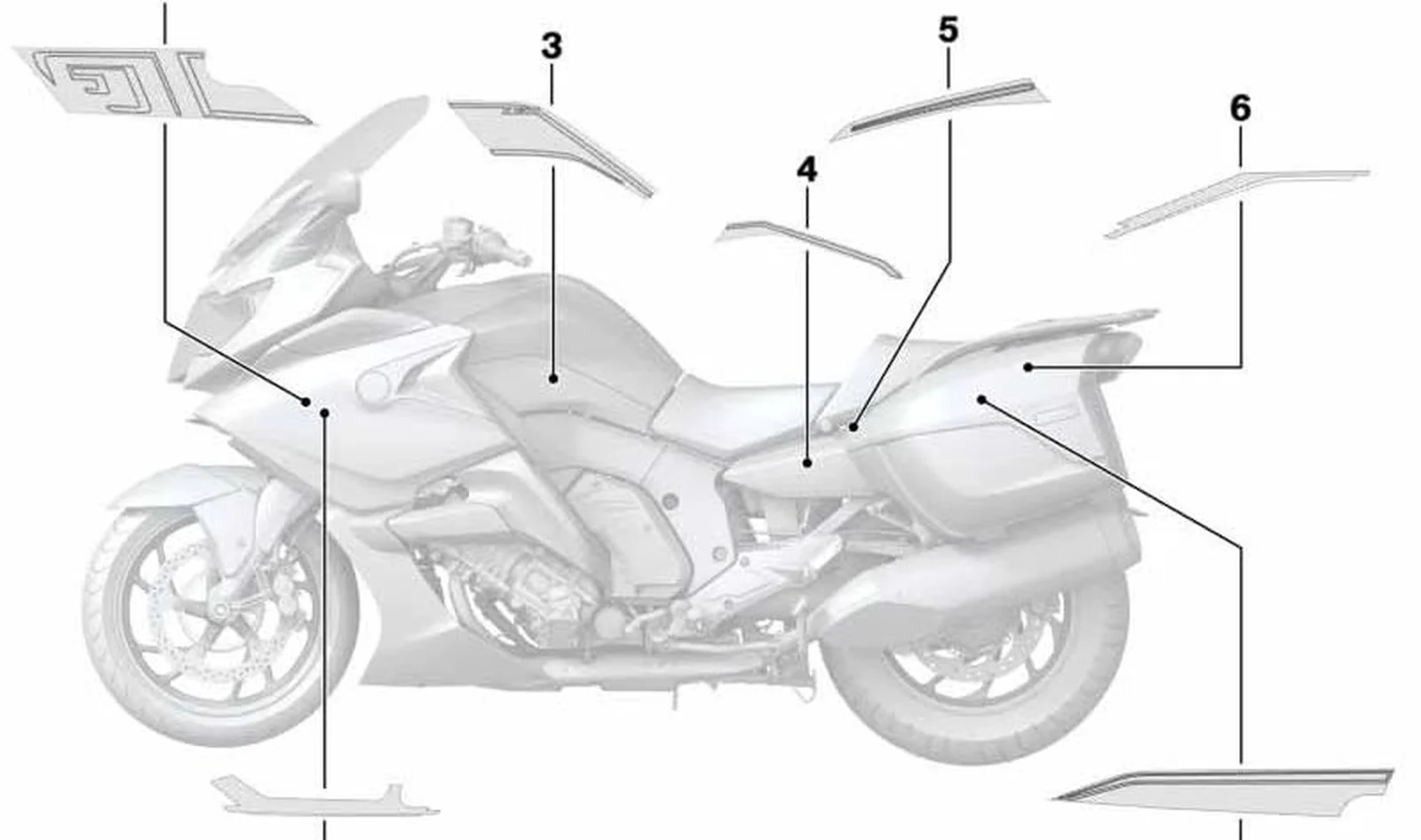Decoración de carenado lateral trasero izquierdo OEM 51148568231 para BMW Motorrad K 1600 GT, K 1600 GTL. Original BMW Motorrad.