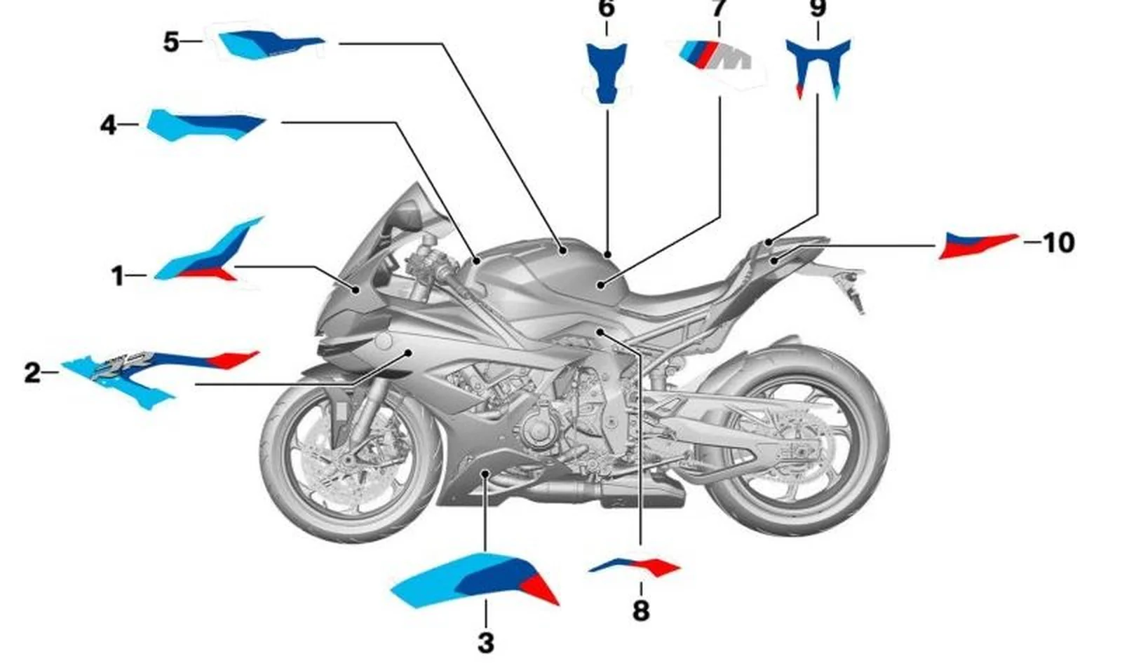 Decoración lateral trasera derecha OEM 51149830094 para motos BMW M 1000 RR. Original BMW Motorrad.
