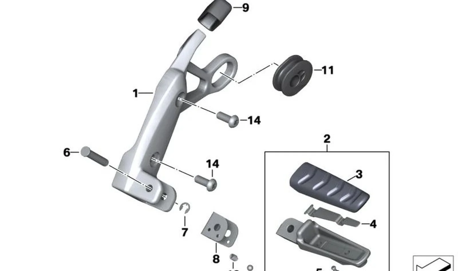 Descansa-pies trasero derecho OEM 46717728894 para motos BMW R1200R K27. Original BMW Motorrad.