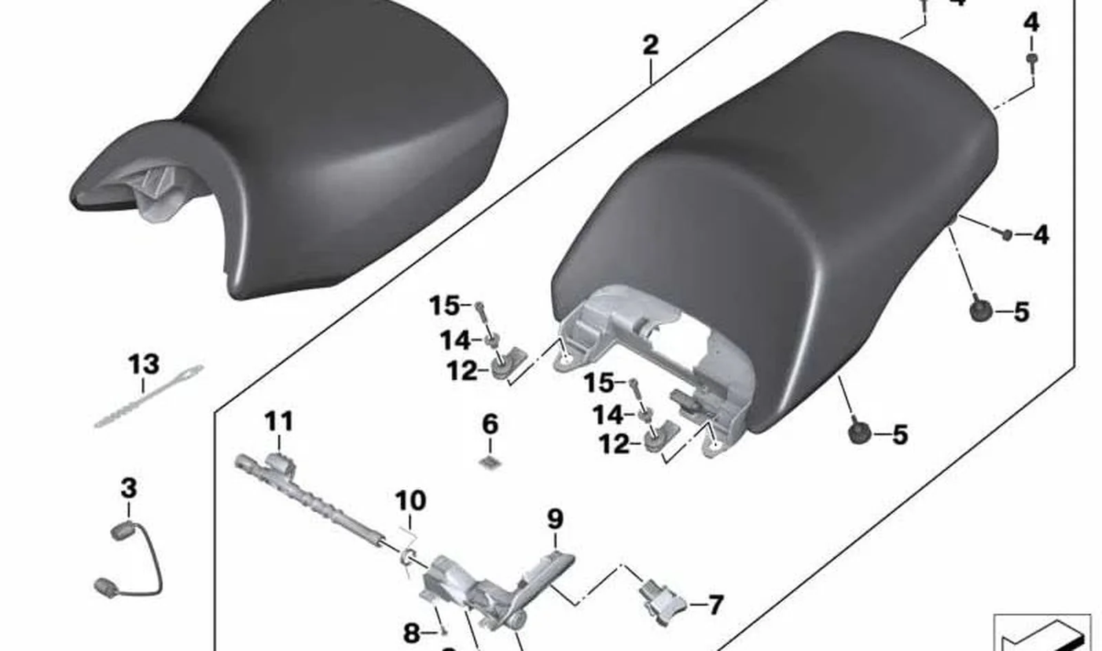 Eje de bloqueo de banqueta de asiento OEM 52237710467 para motos BMW K 1600 GT, K 1600 GTL. Original BMW Motorrad.