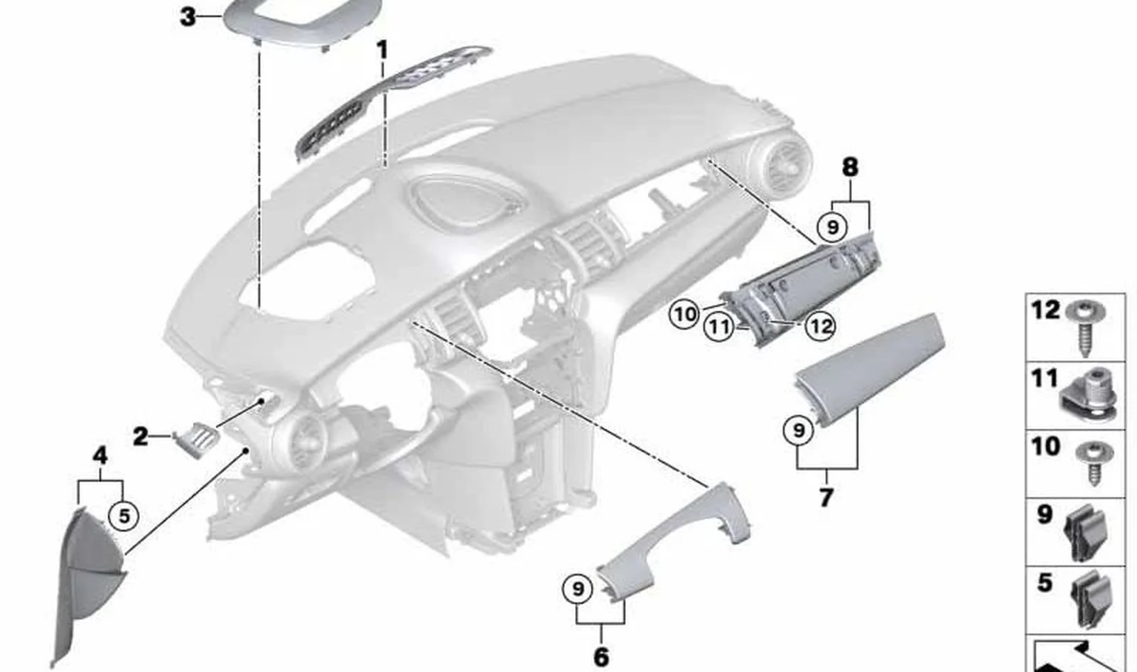 Embellecedor lado acompañante OEM 51459321702 para MINI F56, F55, Cabrio F57 en color DARK SILVER. Original MINI.