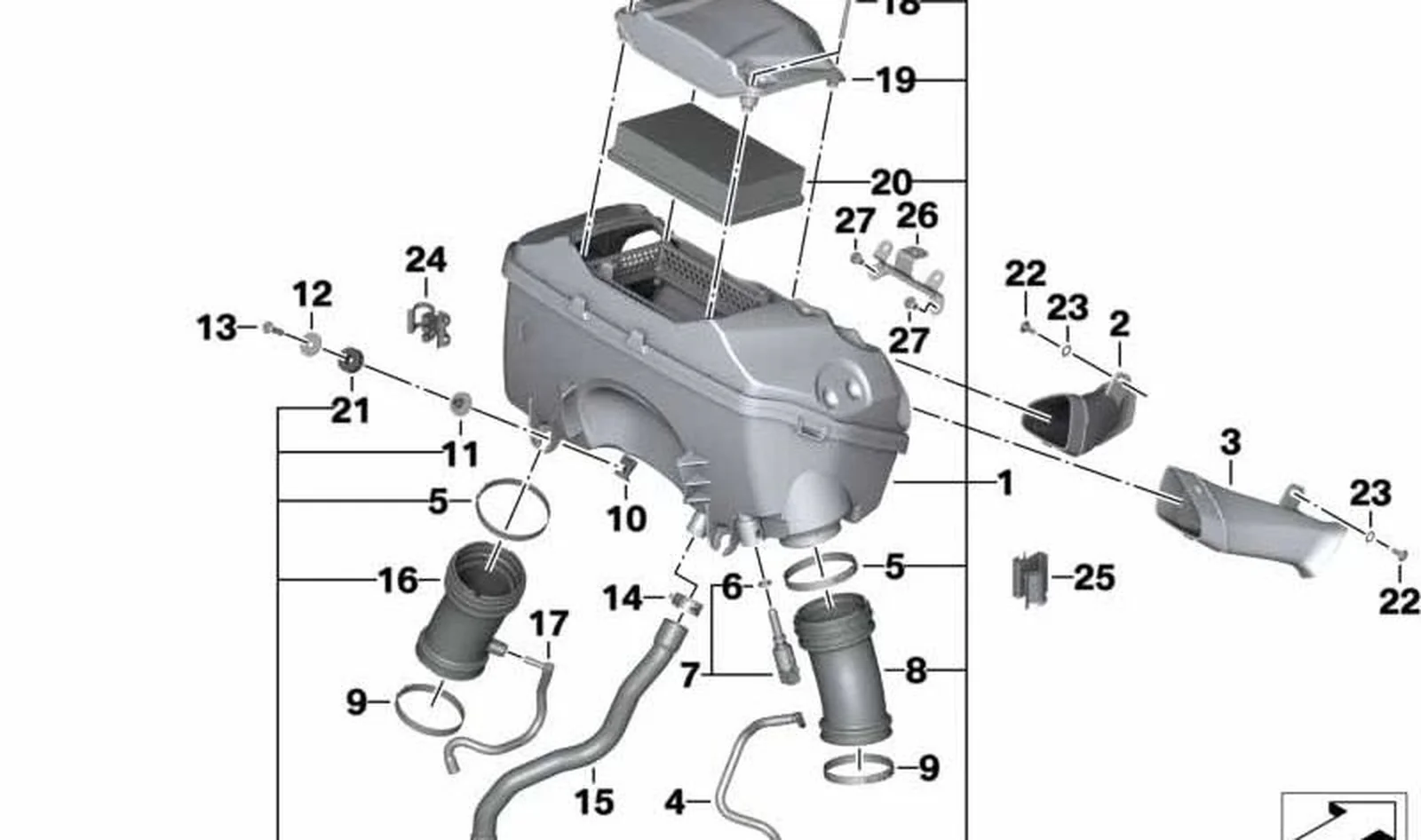 Esnórquel de aspiración izquierdo OEM 13718543239 para motos BMW R1200 RS, R1250 RS. Original BMW Motorrad.