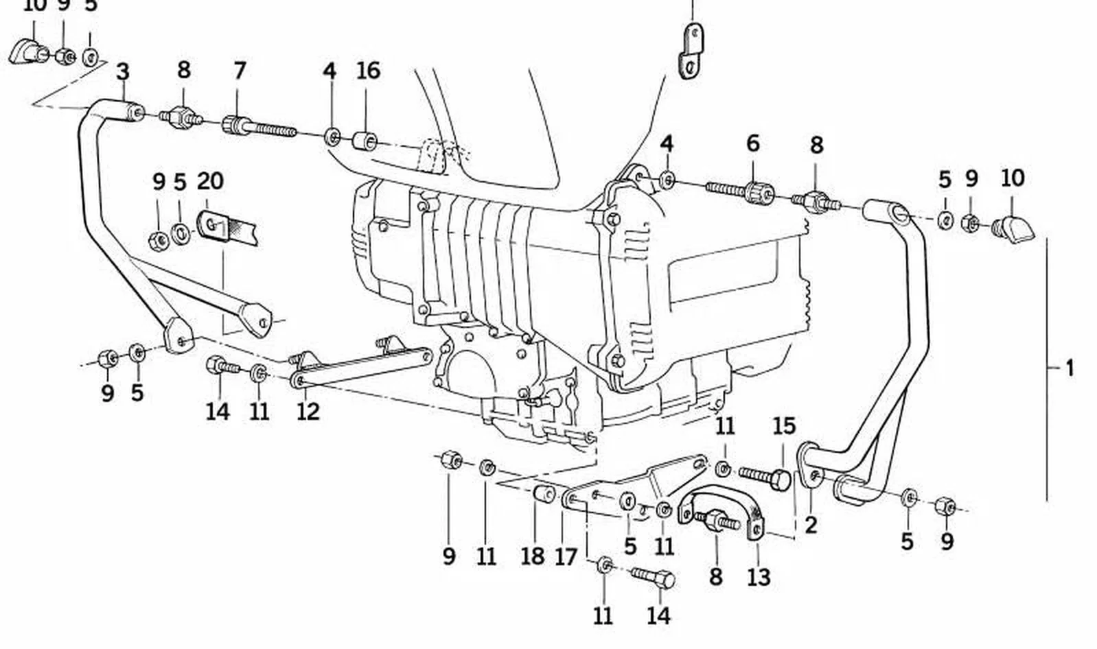 Estribo protector de cilindros izquierdo OEM 46712303073 para motos BMW K100, K100 LT, K100 RS, K100 RT. Original BMW Motorrad.