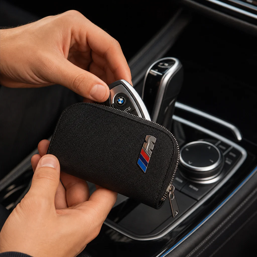 Estuche portallaves (funda de llave) BMW M negro con cremallera y emblema tricolor - Image 4