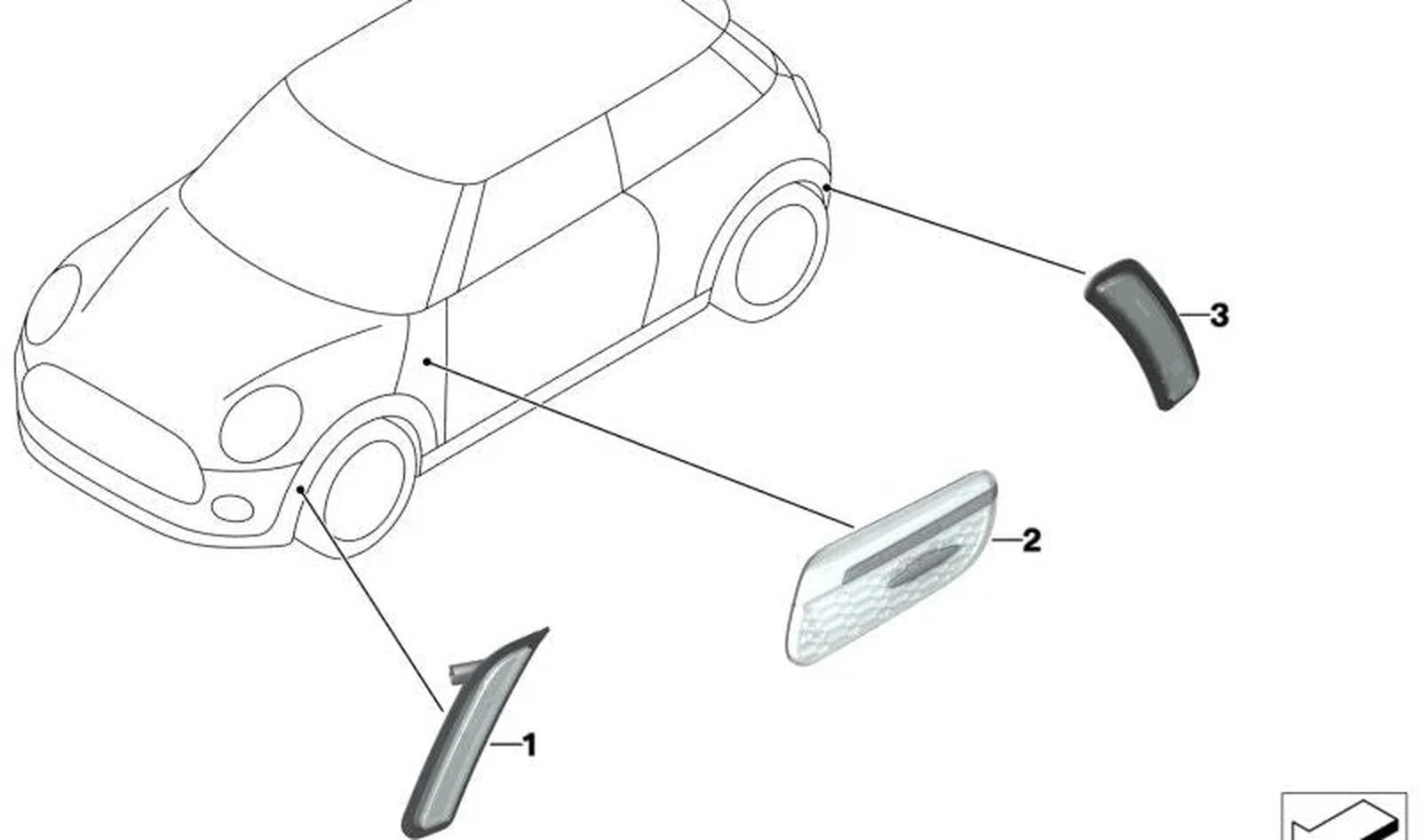 Indicador de dirección adicional derecho OEM 63175A204E8 para MINI F56 Cooper SE (T16, I20) 2021-2024. Original MINI.