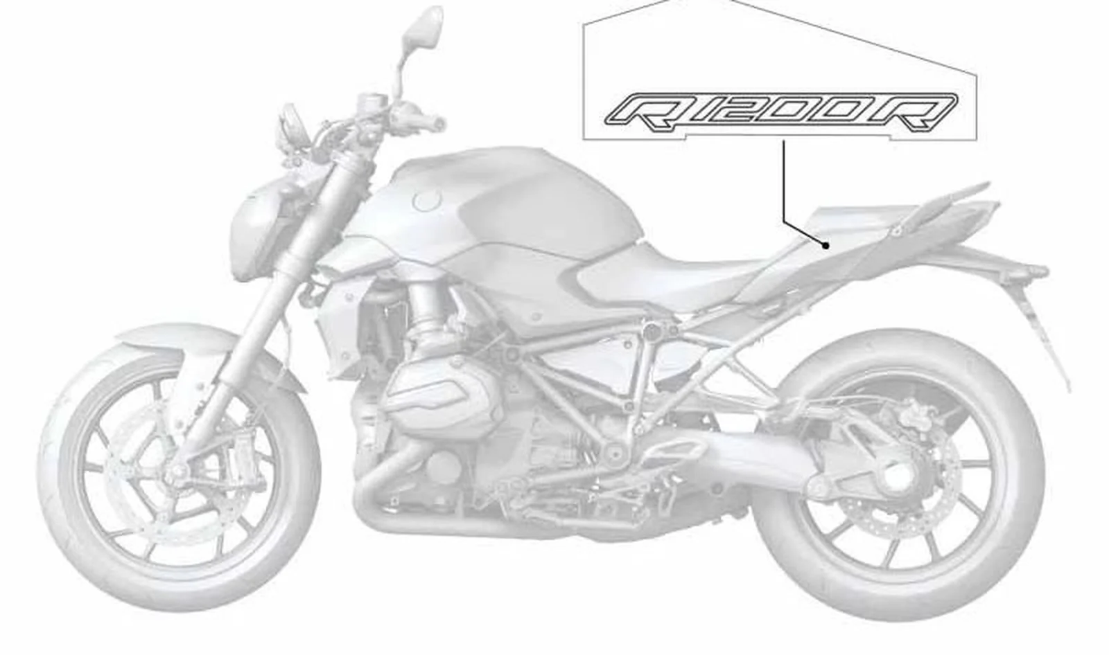 Inscripción derecha OEM 51148554362 para motos BMW R1200R, R1250R. Original BMW Motorrad.