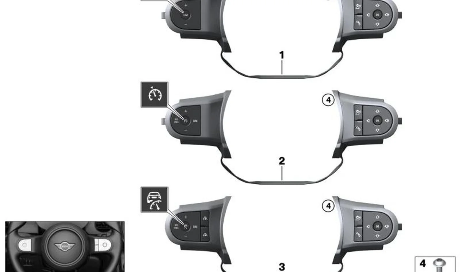 Interruptor volante multifunción deportivo OEM 61315A3B136 para MINI F56 LCI, F55 LCI, F54 LCI, F60 LCI... y más. Original MINI.