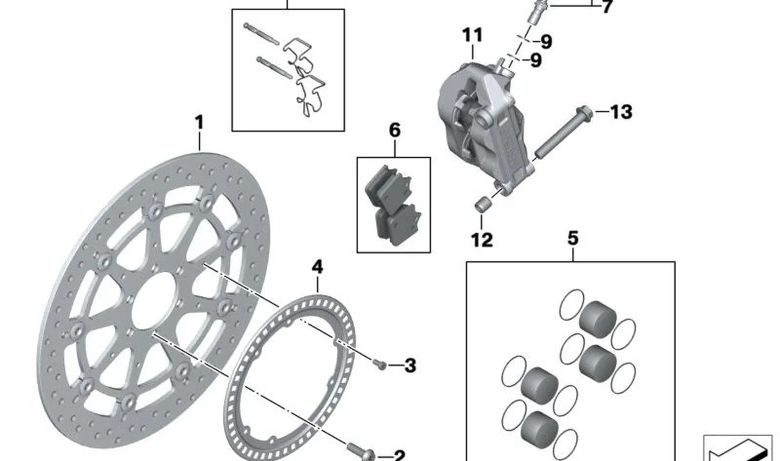 Juego de émbolo del freno delantero OEM 34117714801 para motos BMW S 1000 RR (K46), S 1000 R (K47). Original BMW Motorrad.