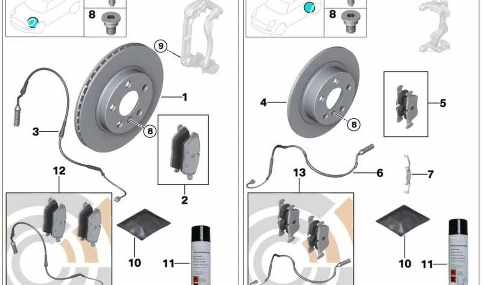 Juego de forros de freno traseros + sensor OEM 34212166621 para MINI R50, R53, Cabrio R52. Original MINI.