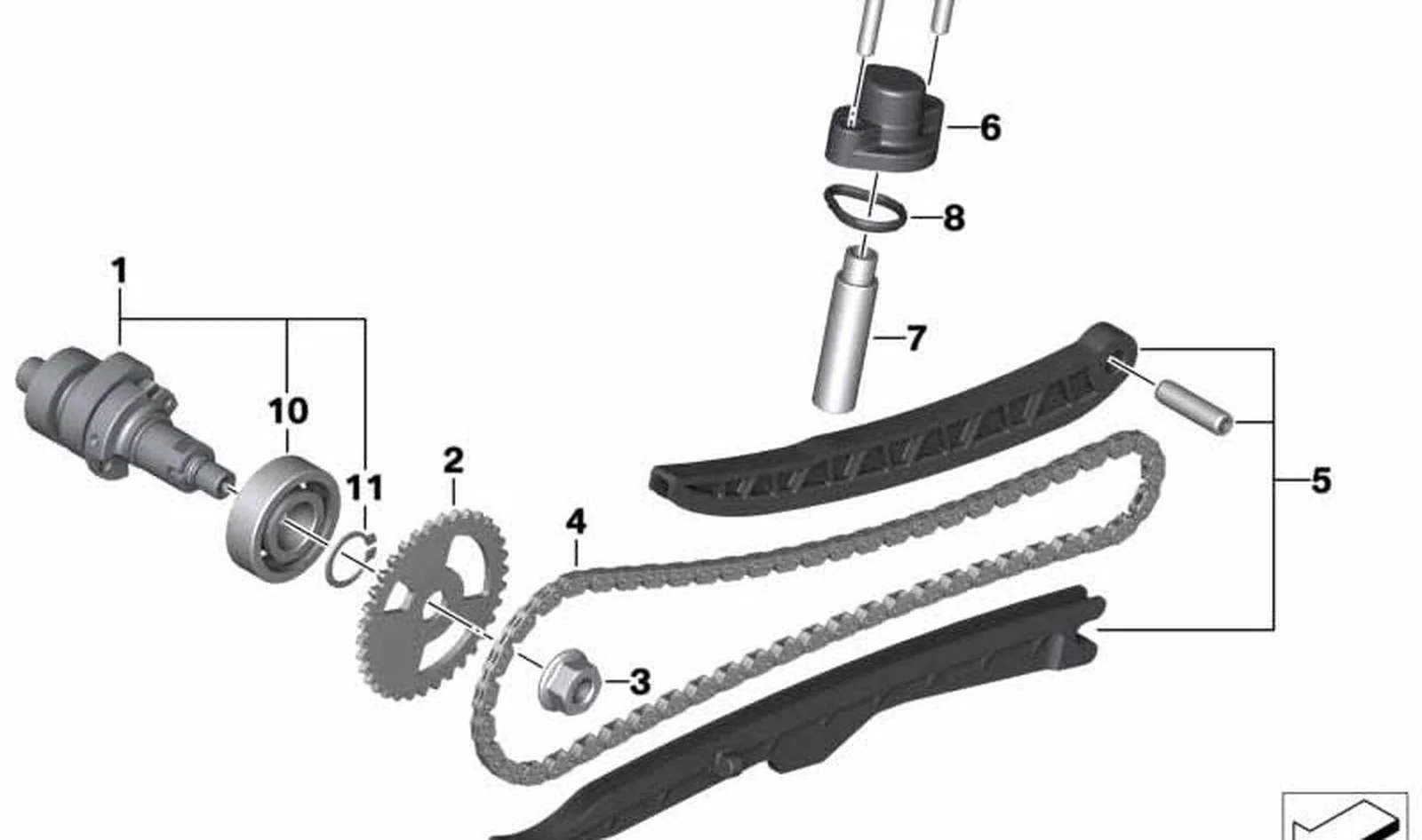 Juego de rieles de cadena de distribución OEM 11318405729 para BMW Motorrad C 400 GT, C 400 X desde 2018. Original BMW Motorrad.