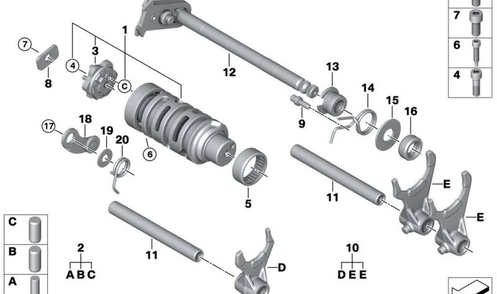 Juego horquillas de cambio de marchas OEM 23308566443 para motos BMW G 310 R, G 310 GS, G 310 RR. Original BMW Motorrad.