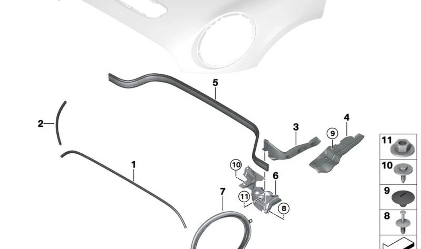 Junta de capó frontal lateral OEM 51767381979 para MINI Clubman F54, F54 LCI. Original MINI.