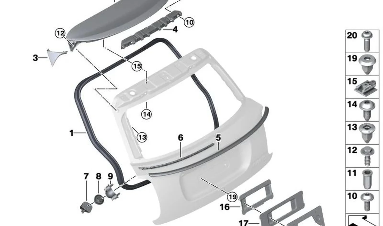 Junta de capó trasero OEM 51767375849 para MINI F56, F56 BEV, F56 LCI, F66. Original MINI.