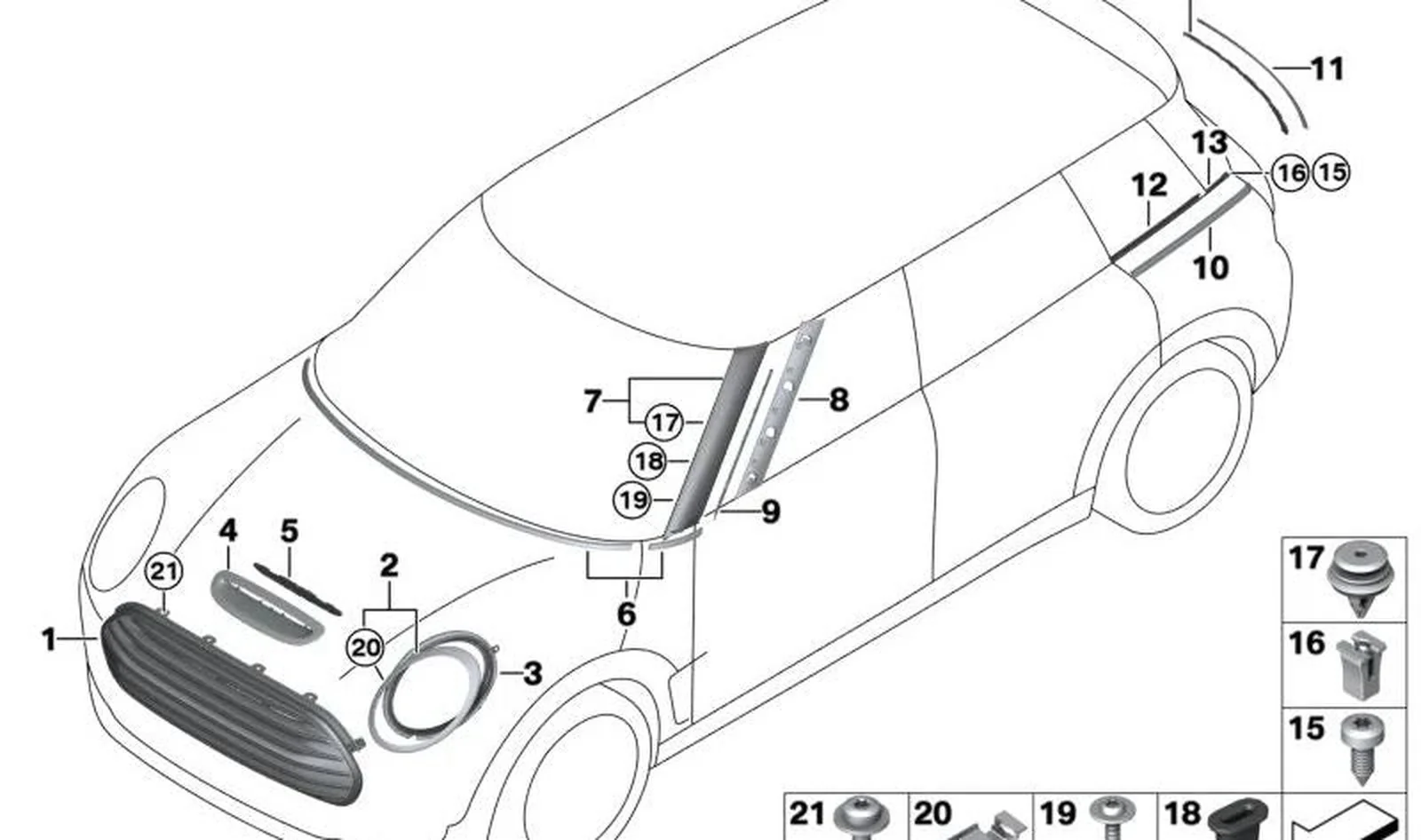 Listón de sujeción delantero derecho OEM 51377402890 para MINI Clubman F54, F54 LCI. Original MINI.