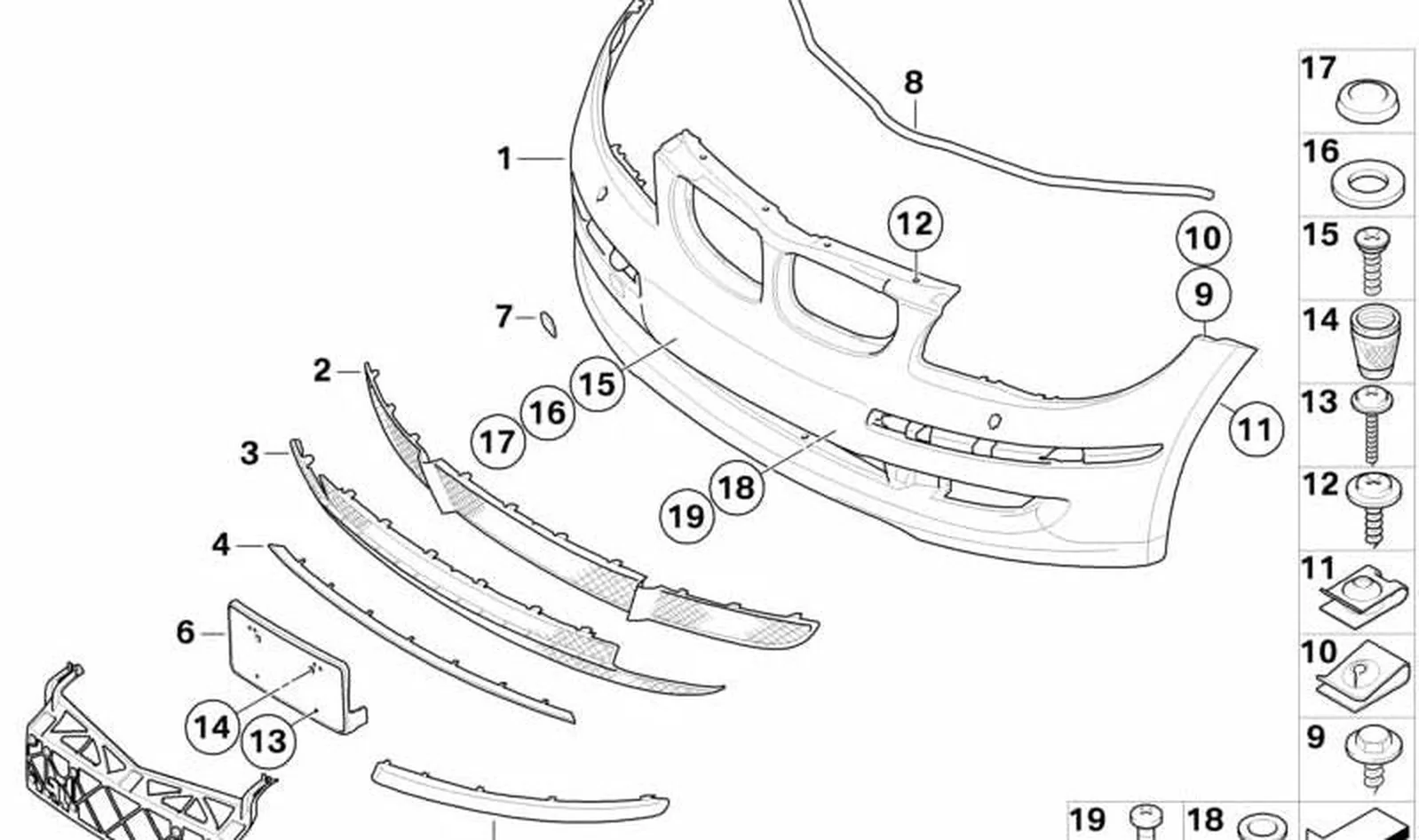 Listón parachoques delantero izquierdo OEM 51117185133 para BMW Serie 1 E81, E87 LCI. Original BMW.