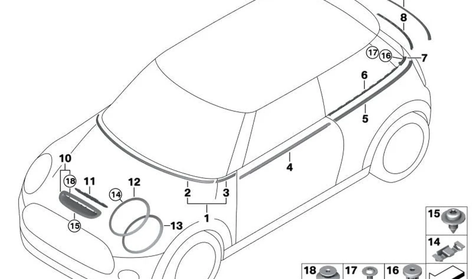Moldura embellecedora lateral trasera izquierda OEM 51355A3BE07 para MINI F56, F56 LCI, F56 BEV LCI, F66. Original MINI.