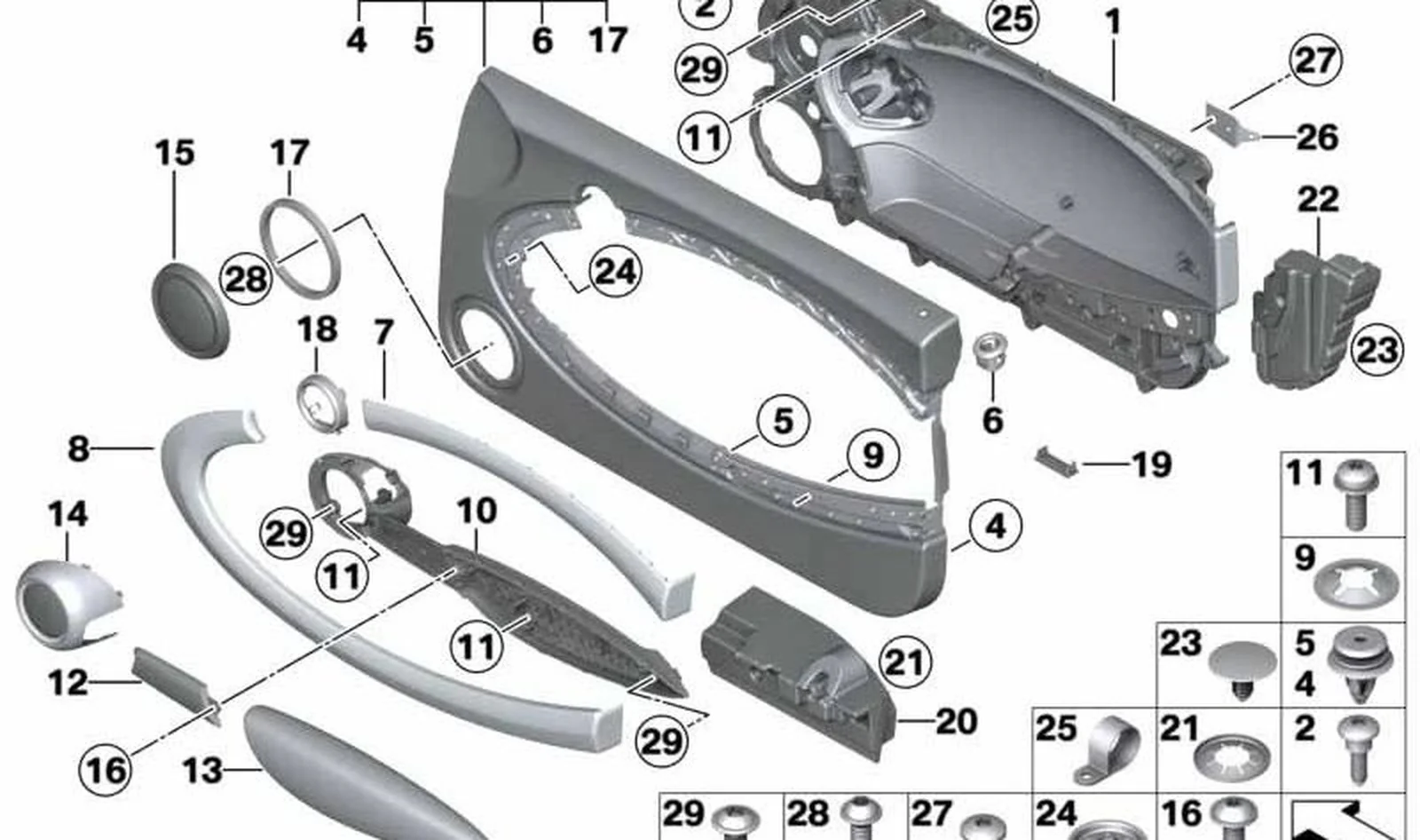 Moldura manecilla interior puerta derecha aluminio OEM 51412753328 para MINI R56, R56 LCI, Clubman R55, Clubman R55 LCI, Cabrio R57, Cabrio R57 LCI. Original MINI.