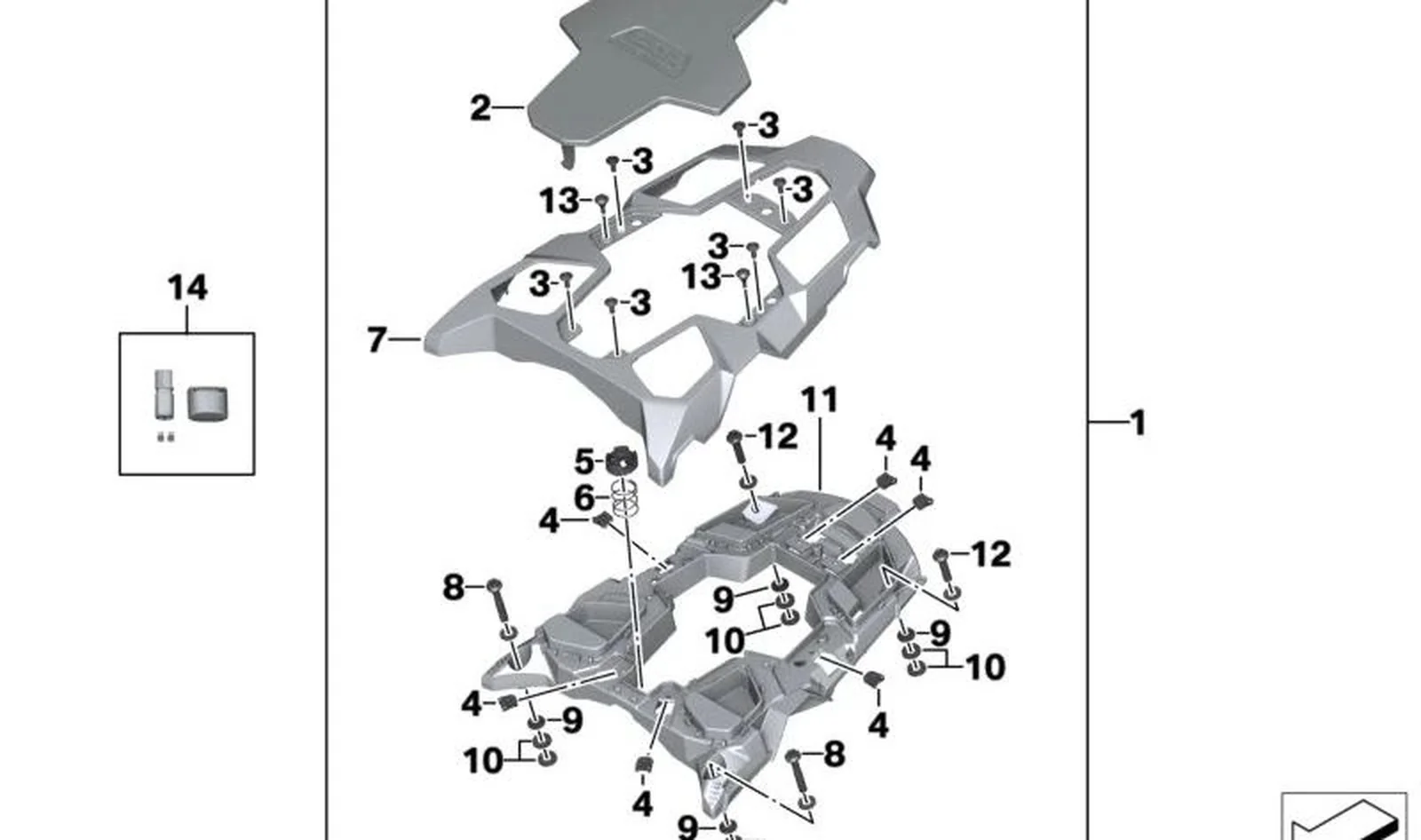 Moldura placa porta equipaje asiento acompañante OEM 77448523754 para BMW Motorrad R1200GS, R1250GS, R1200GS Adventure, R1250GS Adventure. Original BMW Motorrad.