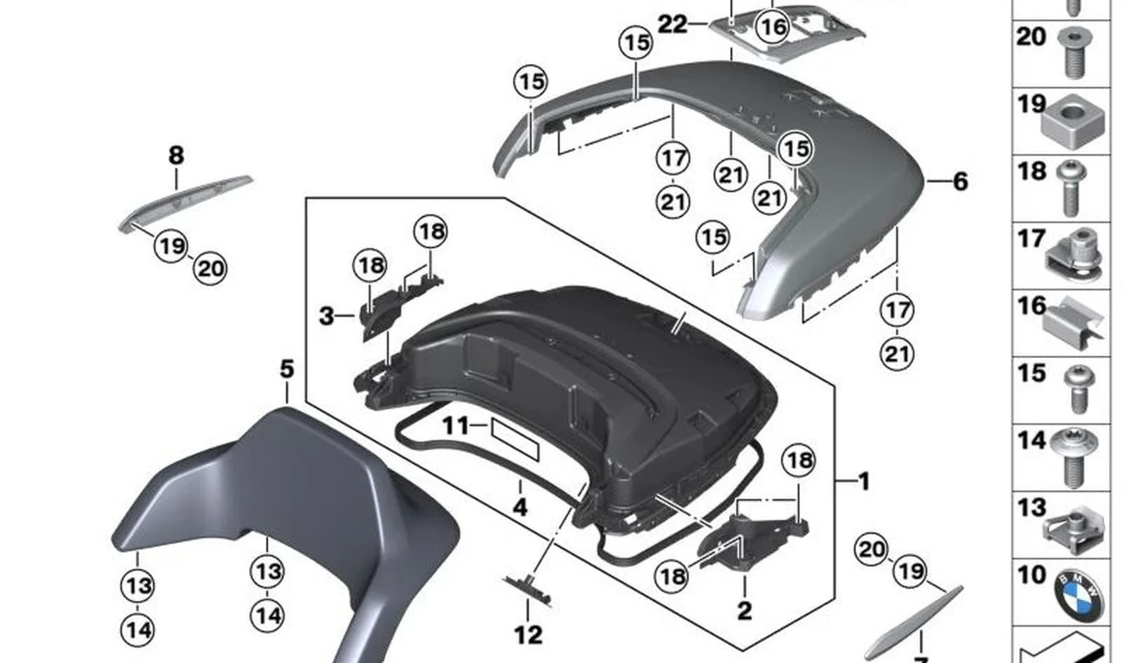 Panel protector de tapa de topcase central cromado OEM 46549480317 para motos BMW R 18 Transcontinental, R 18 B. Original BMW Motorrad.