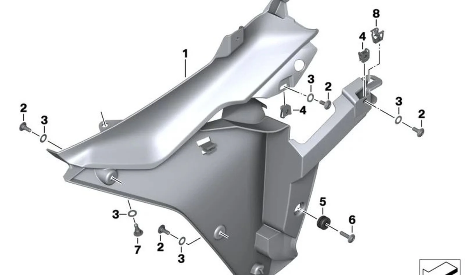 Parte interna revestimiento lateral izquierdo OEM 46638545321 para motos BMW R1200RS, R1250RS. Original BMW Motorrad.