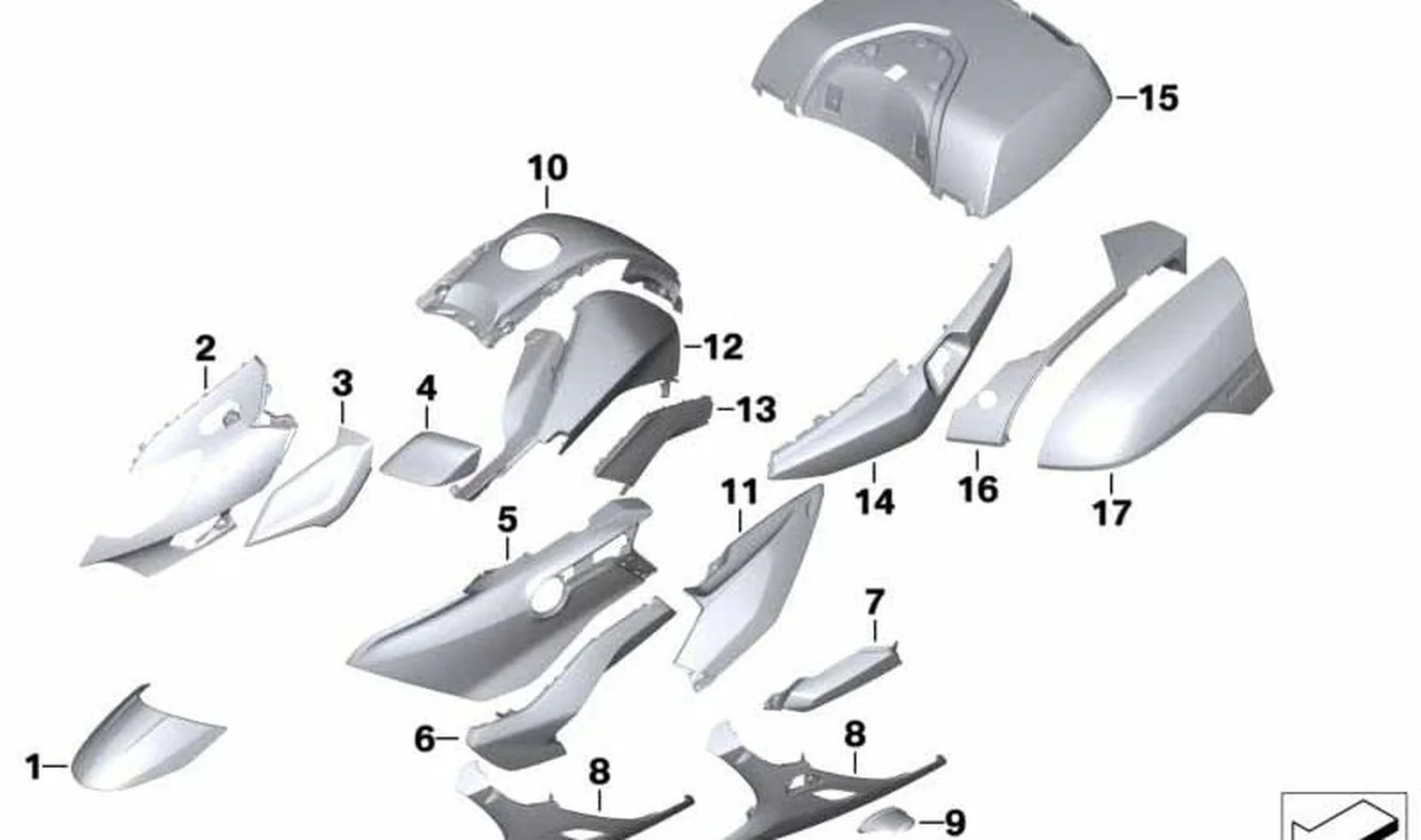 Parte superior revestimiento derecho OEM 46638569040 para motos BMW K1600 GTL (K48) en color Light-White. Original BMW Motorrad.