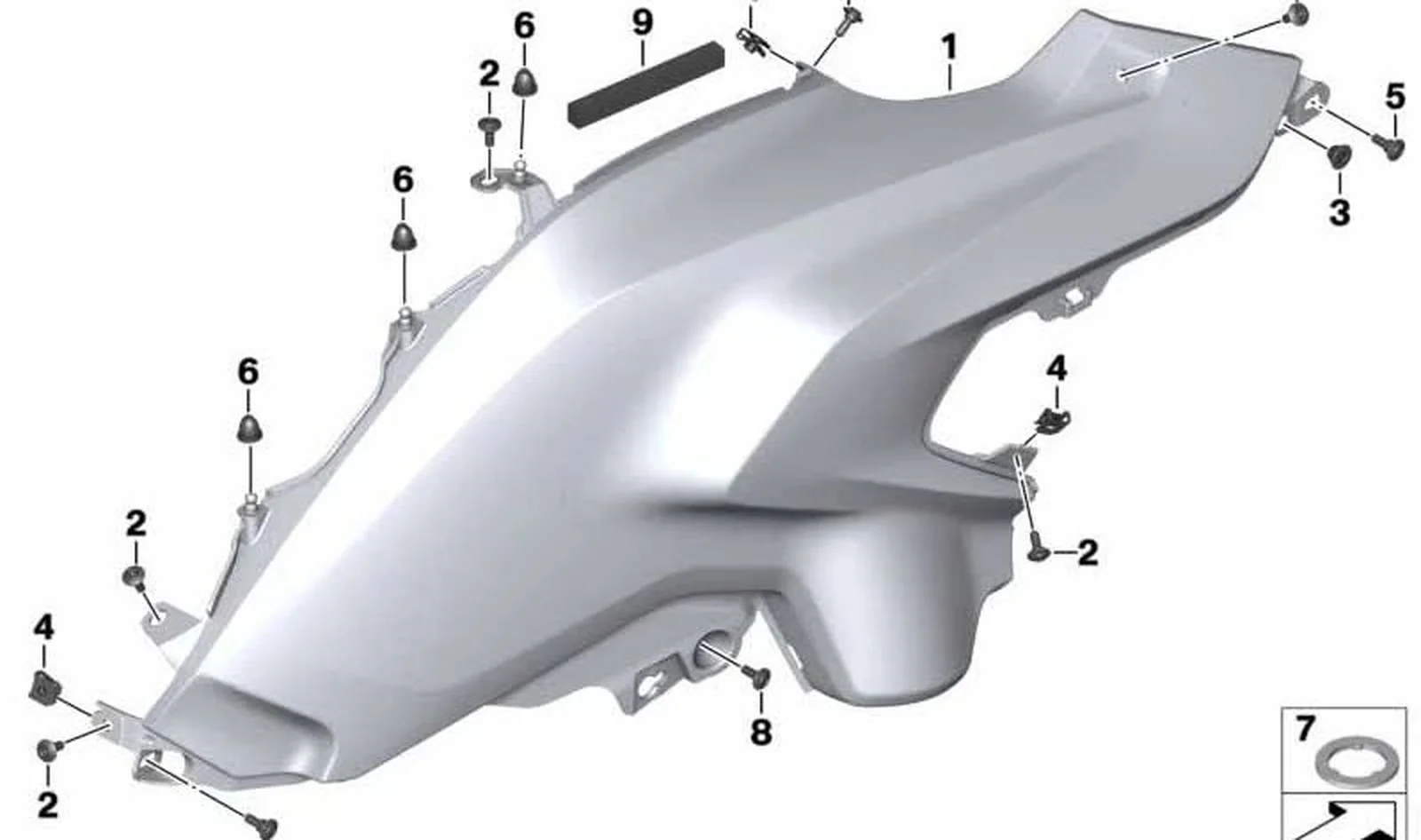 Pieza lateral de revestimiento OEM 46638528671 para motos BMW R1200GS (K50) 11/2012-11/2016. Color Rohtel/Blank. Original BMW Motorrad.