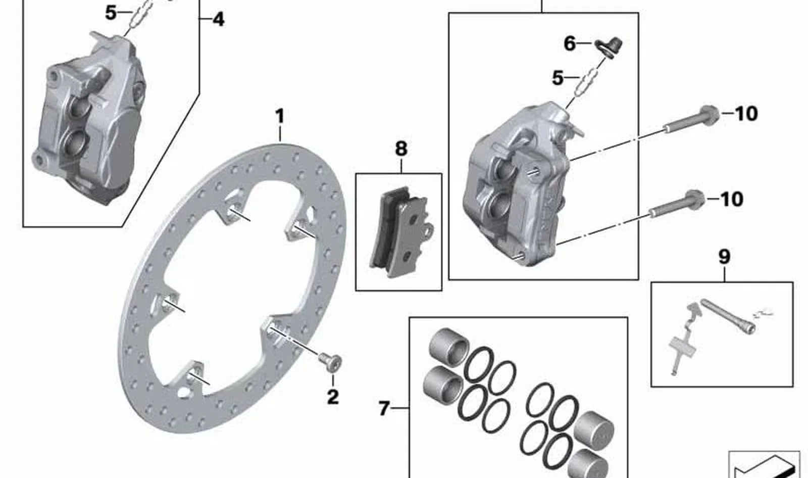 Pinza de freno delantera derecha negra sin pastillas OEM 34111542648 para motos BMW C 400 GT, C 400 X… y más. Original BMW Motorrad.