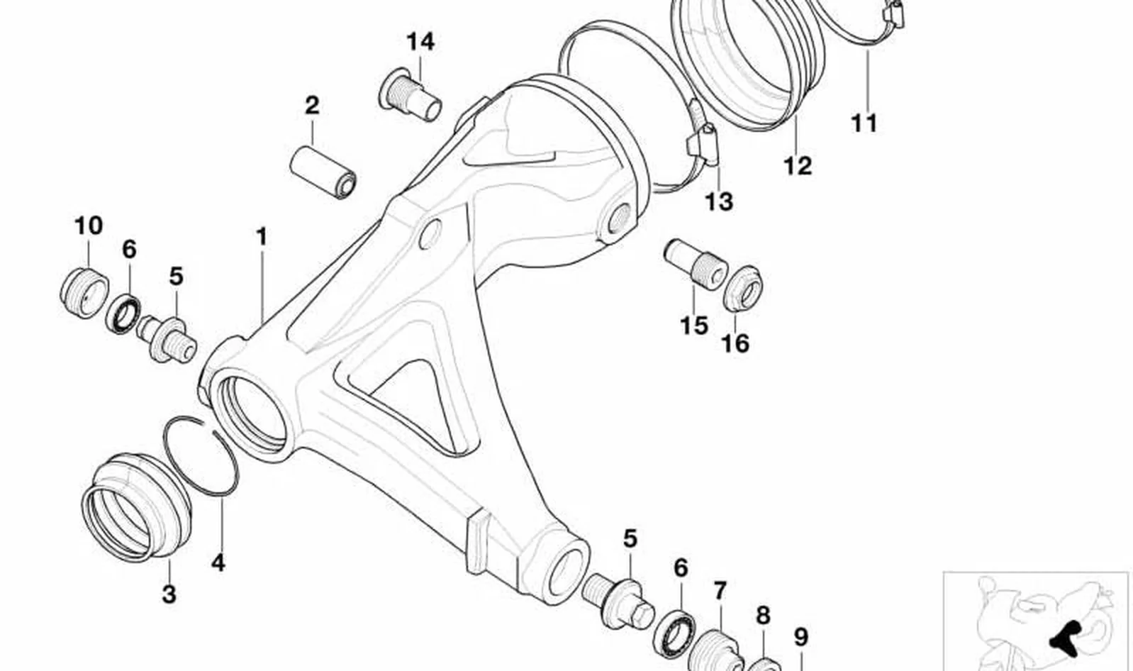 Pivote basculante trasero OEM 33172332148 para motos BMW K1200 GT, K1200 RS, K1200 LT. Original BMW Motorrad.