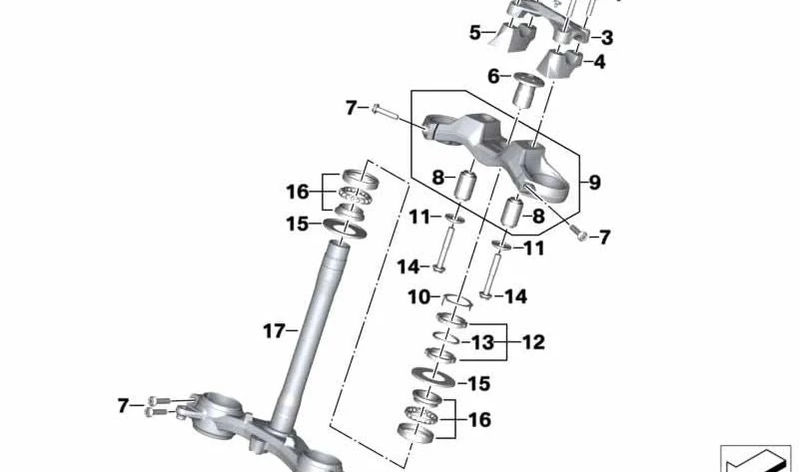 Puente horquilla inferior delantero OEM 31428404705 para motos BMW S 1000 XR (K69, 0E61, 0P71) 2019-2025. Original BMW Motorrad.