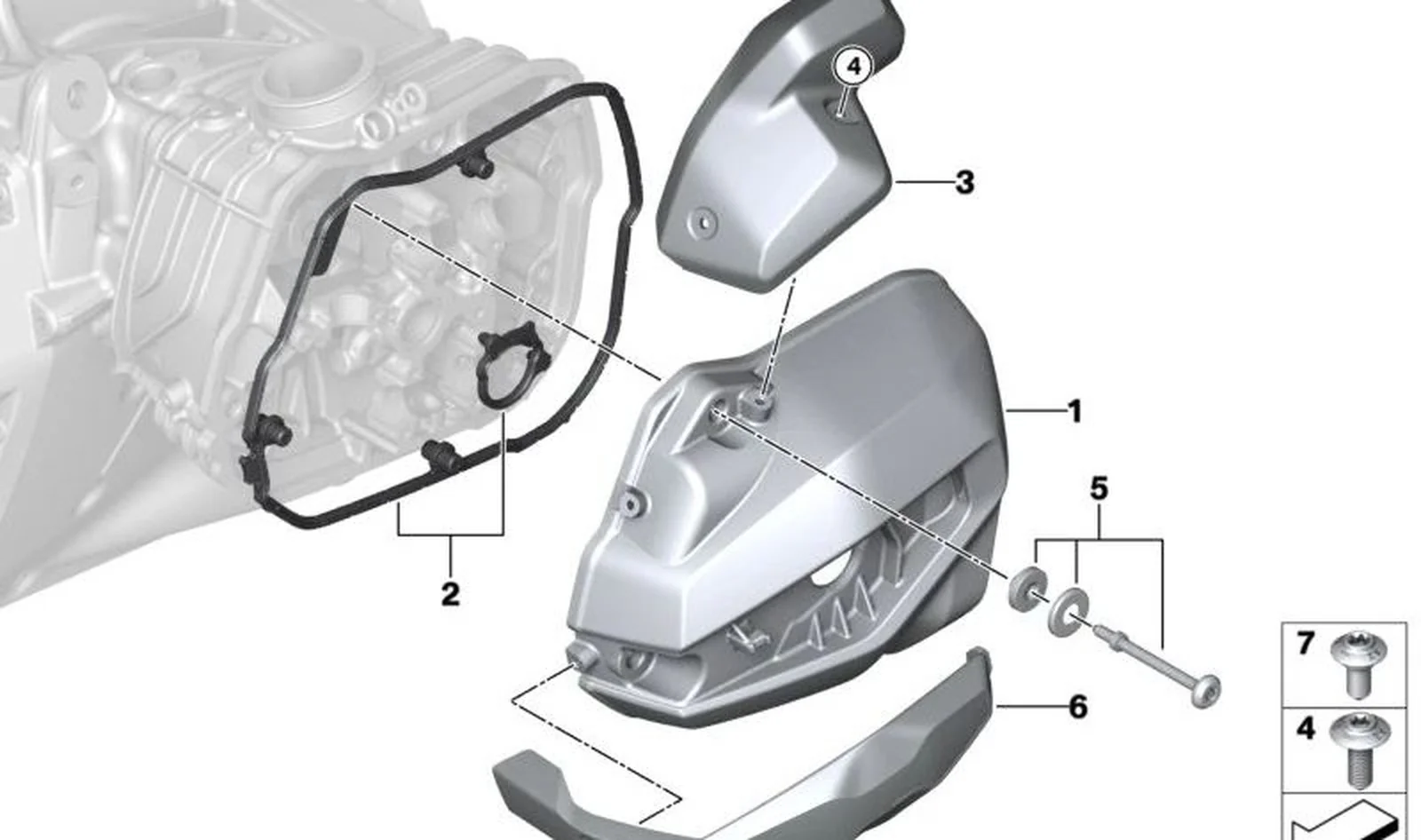 Recubrimiento derecho OEM 11121030484 para motos BMW R1300 GS, R1300 GS Adv., R1300 RT, R1300 R, R1300 RS. Original BMW Motorrad.
