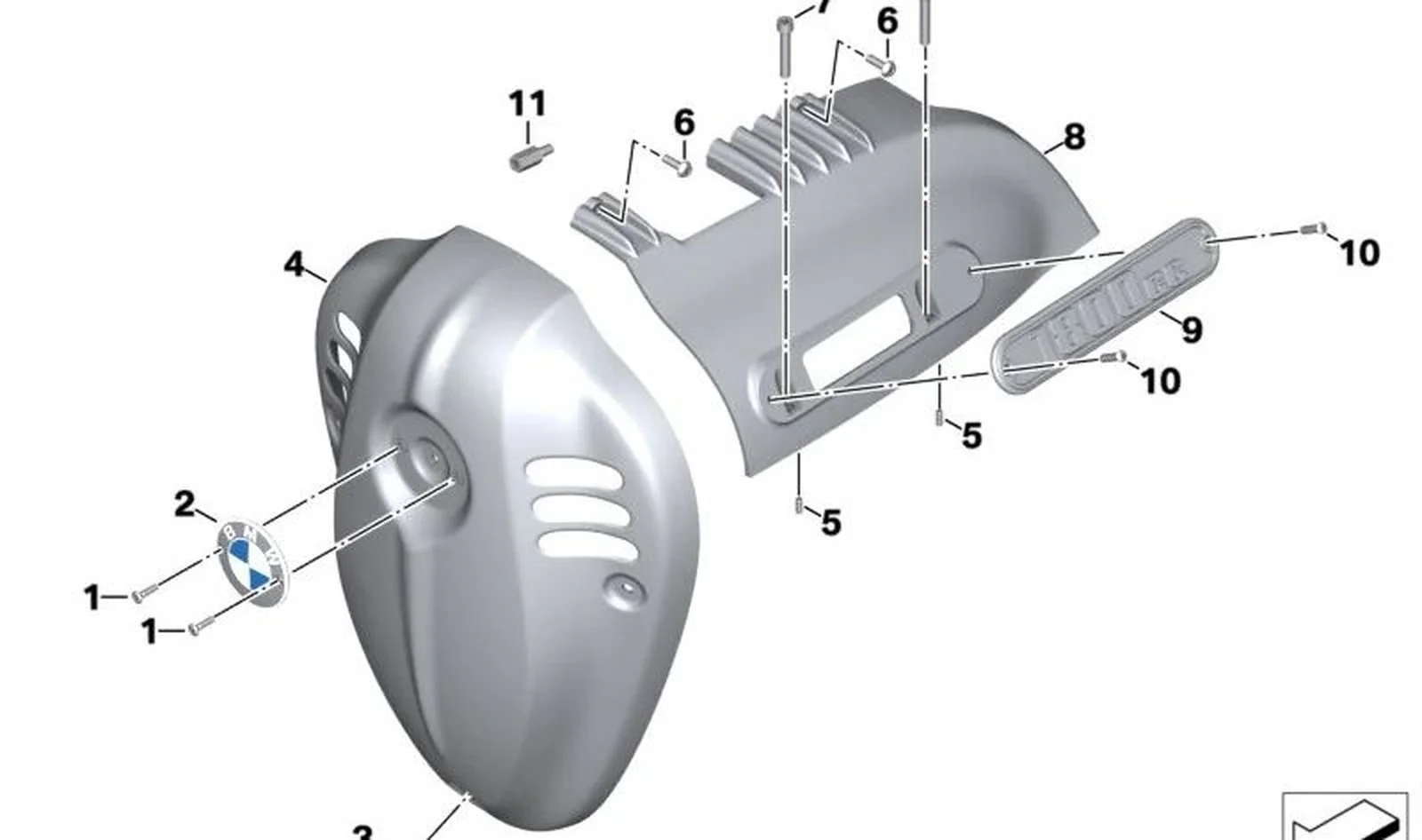 Recubrimiento izquierdo plata OEM 11148409855 para motos BMW R 18, R 18 Classic, R 18 B, R 18 Transcontinental. Original BMW Motorrad.