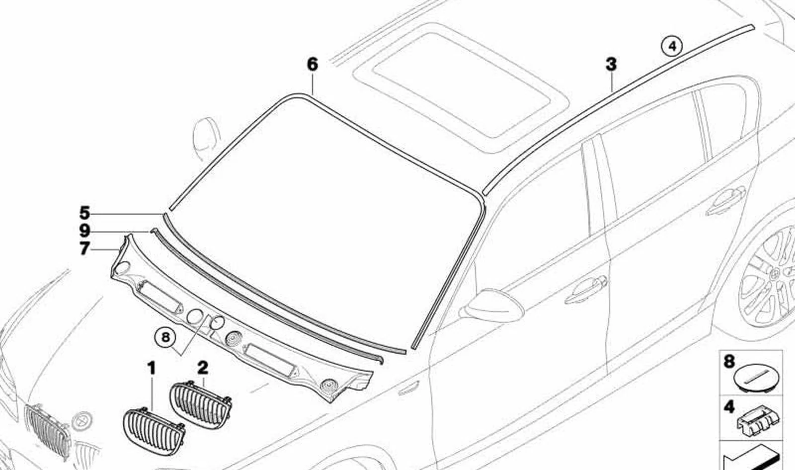 Rejilla de adorno con marco cromado derecho OEM 51137077130 para BMW E81, E87, E87 LCI. Original BMW.