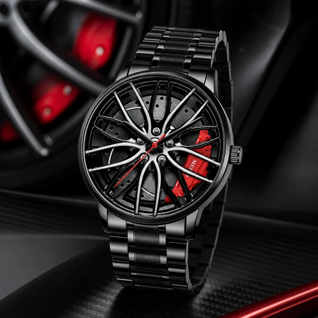 Reloj de pulsera para conductor BMW estilo llanta deportiva (negro con pinza roja)