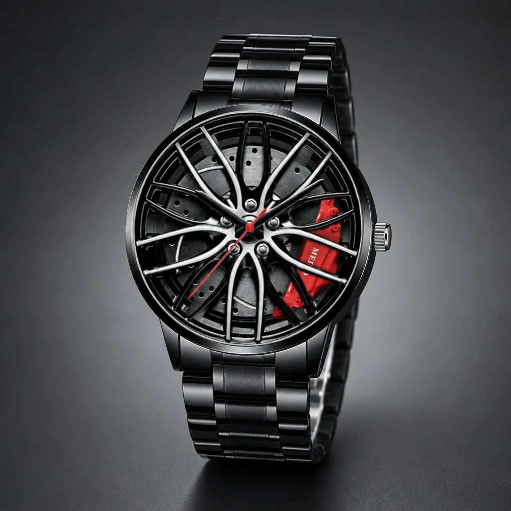 Reloj de pulsera para conductor BMW estilo llanta deportiva (negro con pinza roja) - Image 2