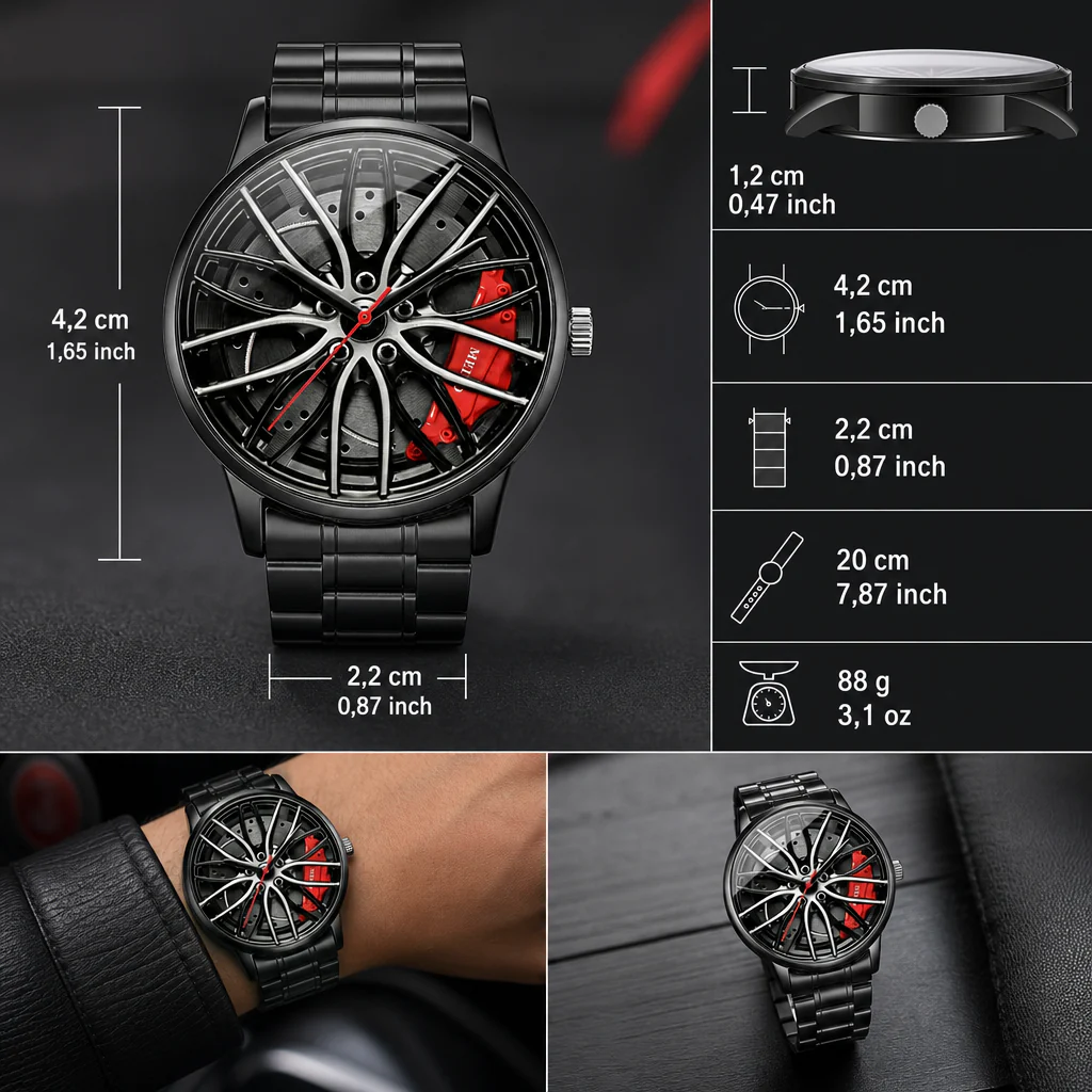 Reloj de pulsera para conductor BMW estilo llanta deportiva (negro con pinza roja) - Image 6