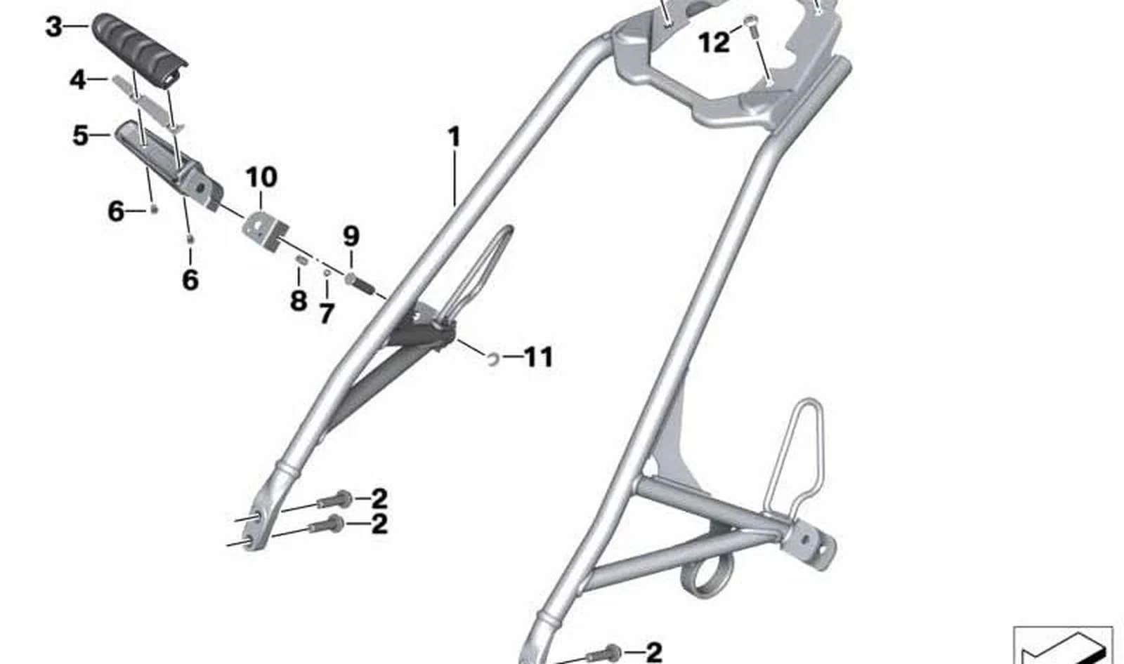 Reposapiés trasero derecho OEM 46717700922 para motos BMW R nineT, F 800 GT, F 800 S, F 800 ST. Original BMW Motorrad.