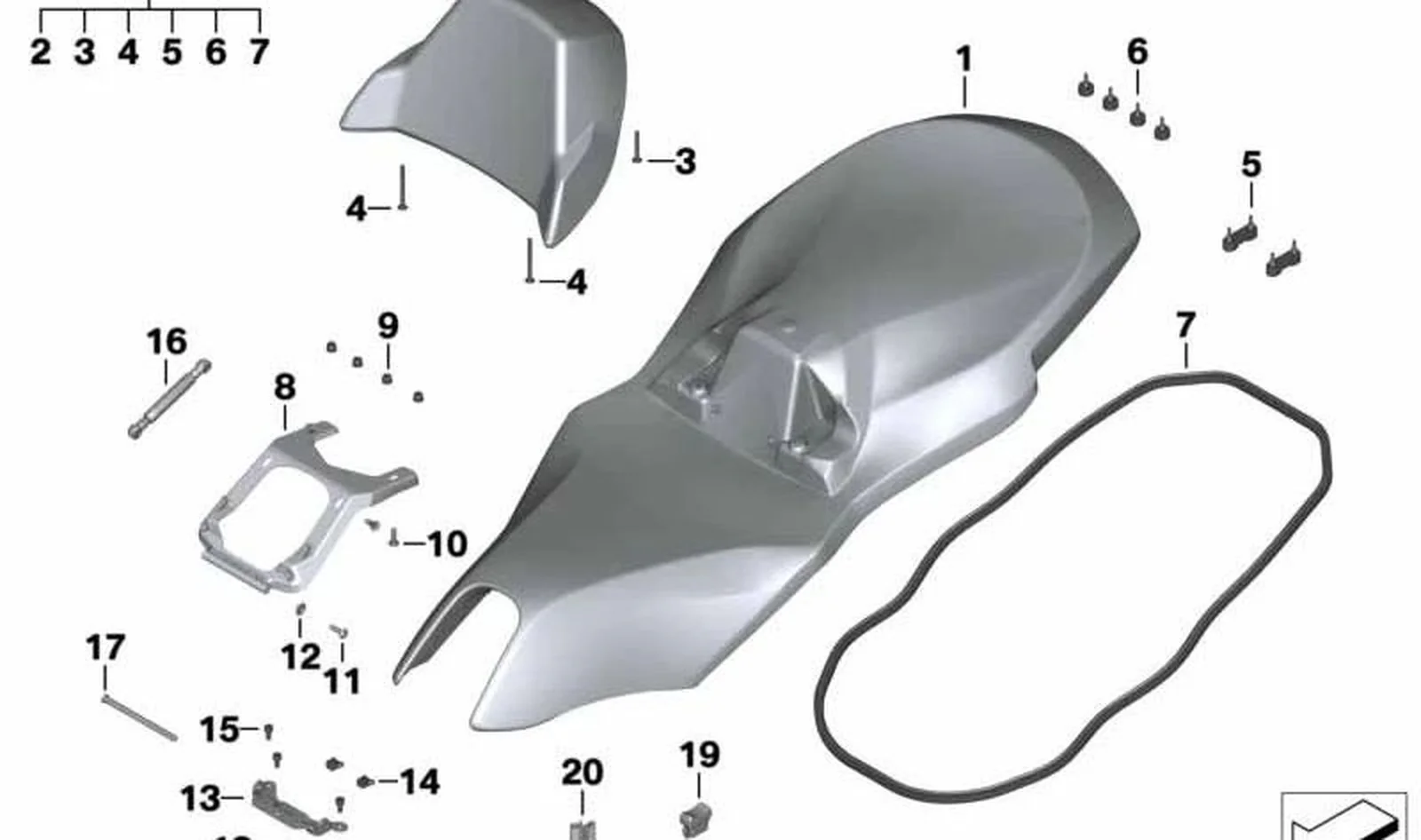 Respaldo trasero OEM 52538559890 color gris para motos BMW C 650 GT (2015-2020). Original BMW Motorrad.