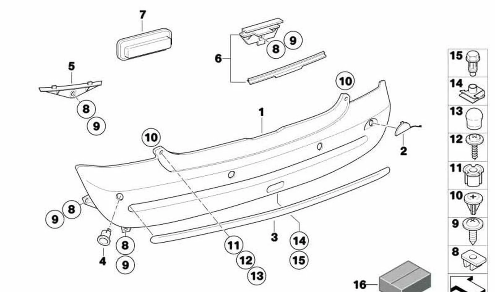 Revestimiento de parachoques trasero imprimado OEM 51120697799 para MINI R50, R52, R53. Original MINI.