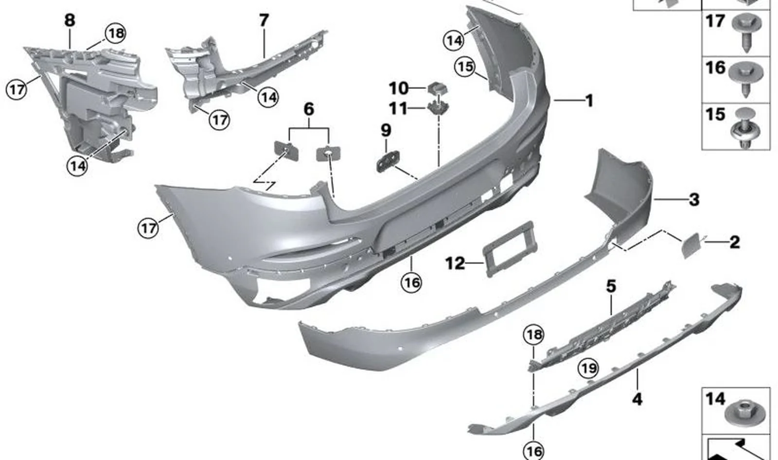 Revestimiento de parachoques trasero imprimado OEM 51128739263 para BMW X4 G02 xDrive20d, xDrive20i, xDrive25d, xDrive30d... y más. Original BMW